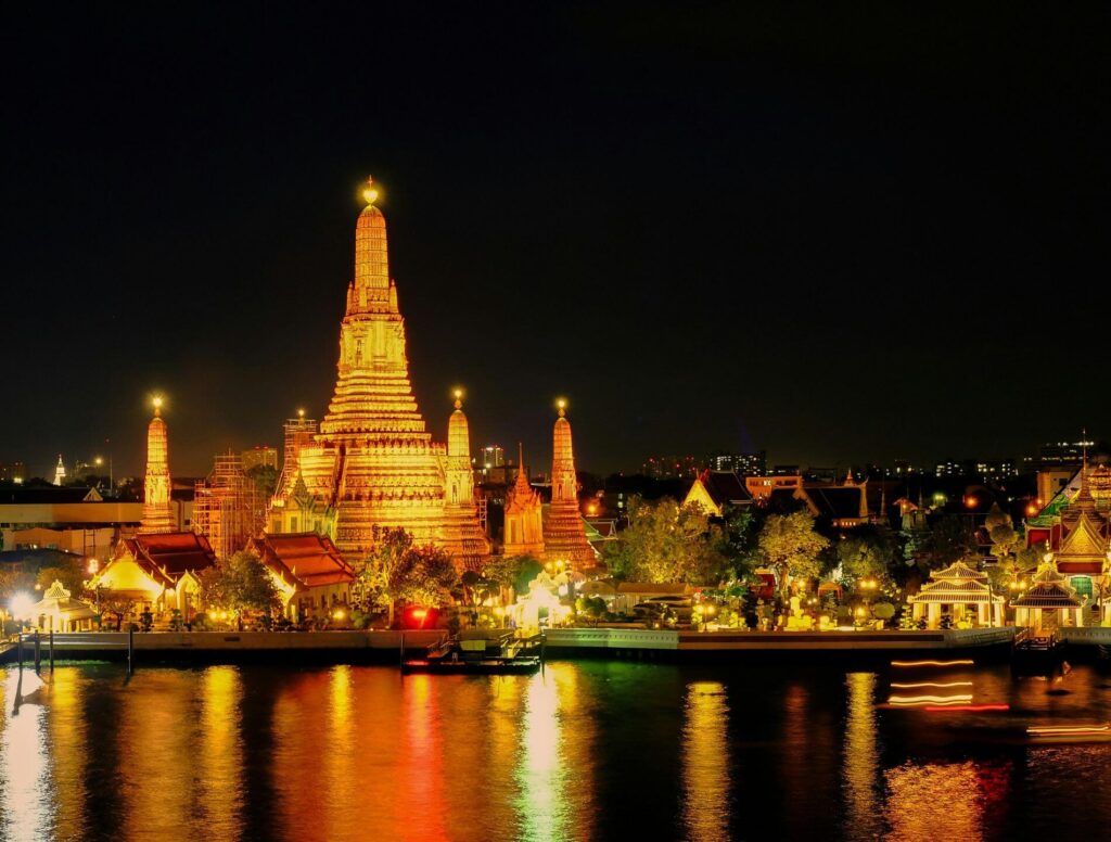 Bangkok temple lit up at night