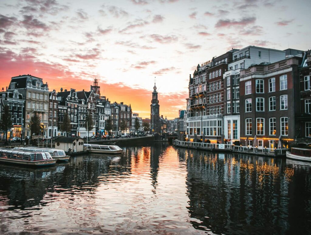 Amsterdam canal at sunset