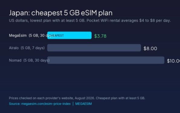 Cheapest 5 GB Japan plan by provider. Pocket WiFi rental averages $4 to $8 per day.