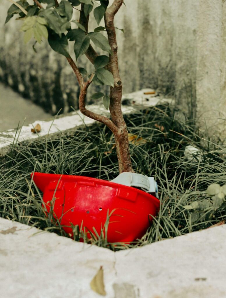 a hardhat left on the grass